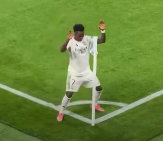 Шоу на „Бернабеу“: Винисиус танцуваше на корнер-знамето (Видео)