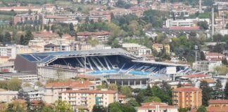 Елмас ја затресе мрежата во лудото 4-4 на Аталанта со Фрозиноне Стадионот на Аталанта во Бергамо од птичја перспектива